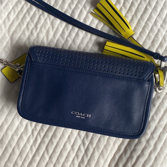 Coach Perforated Leather Penny Shoulder Purse in Navy and Bright Citrine - Picture 6 of 9